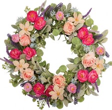 24 Inch Spring Wreath for Front Door, Magenta Pink Rose Floral Wreath with Laven