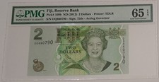 2012 Fiji Reserve Bank QE II 2 Dollars SN# DQ860790 PMG 65 EPQ Gem Unc Banknote