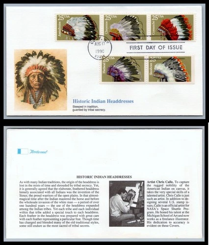 US FDC # 2501-2505a 25c Indian Headdress Fleetwood Indian s.cancel 1990, 9Q4733