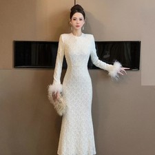 Women's Fur Cuffs Dress Lace Sequin Slim Fish Tail Long Dress Party Sweet Dress