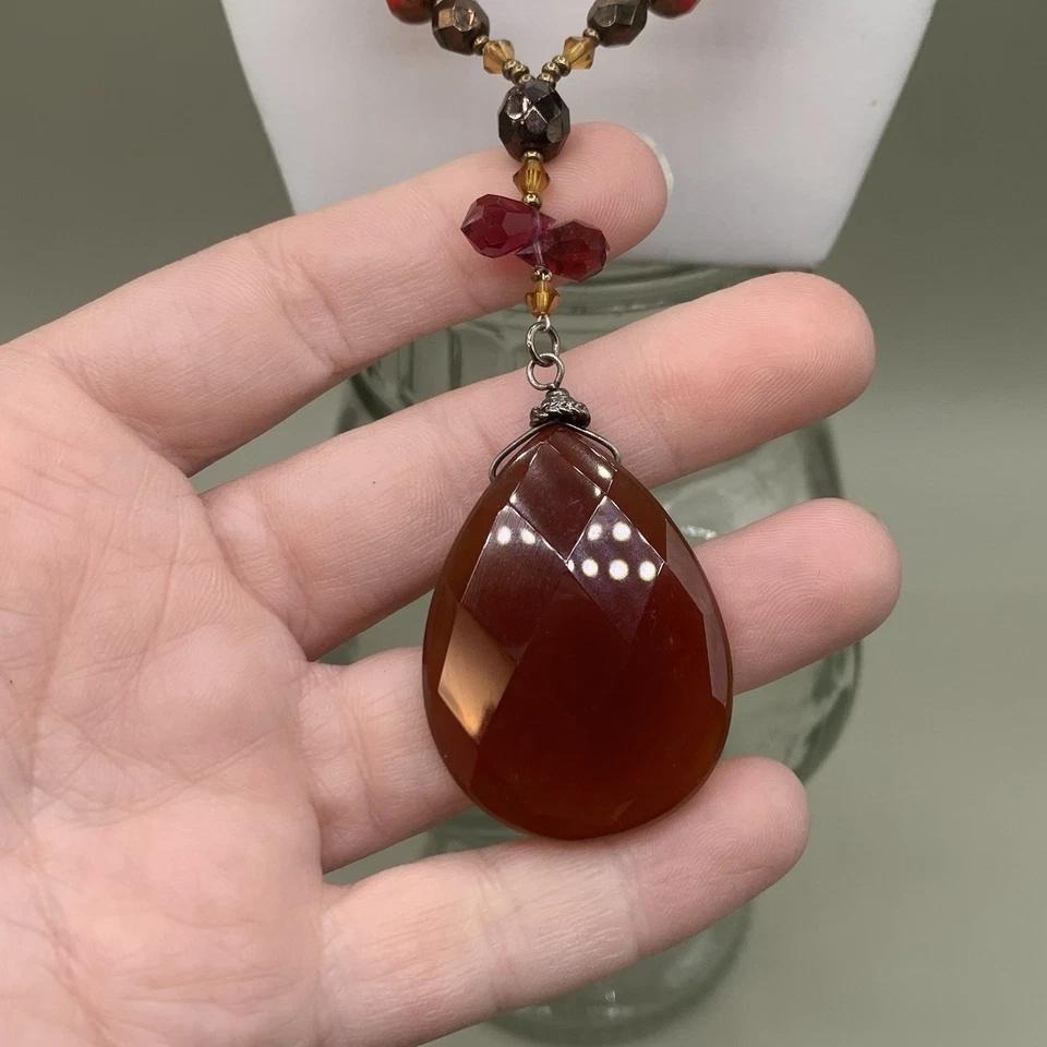 Amber Red Beaded Statement Necklace Glass Faceted Teardrop Pendant Boho Fall - Image 3 of 4