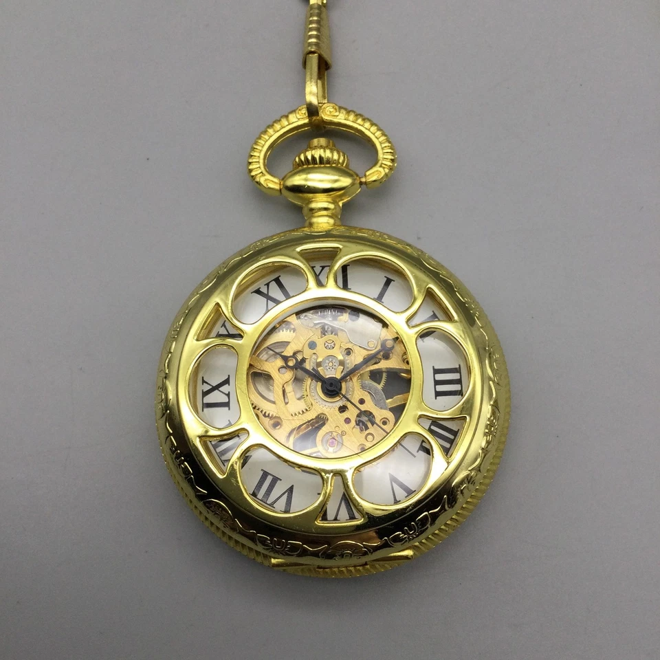 Mechanical Skeleton Pocket Watch Men 47mm Half Hunter Chain Manual Wind - Image 3 of 4