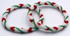 Crochet Glass Seed Bead Nepal Boho Bracelet - Christmas Theme Red Green White