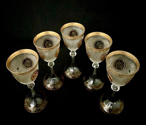5 Antique Moser Style Bohemia Handcut Cut to Clear Glass Wine Stems Gilded - Picture 3 of 12