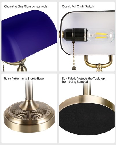 Blue Glass Bankers Desk Lamp with Pull Chain Switch Plug in Fixture Bronze Base - Picture 3 of 6