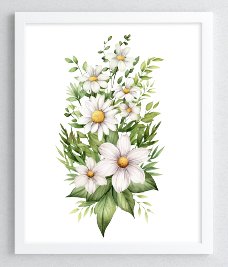Floral Art Print, Daisies Bouquet Wall Art Decor, Botanical Art