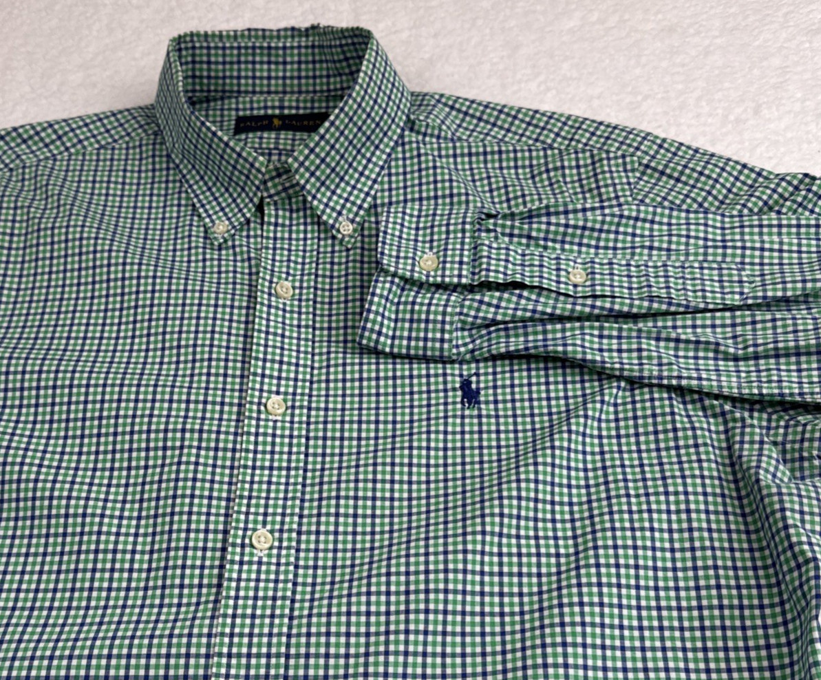 Ralph Lauren Men Classic Button Down LS Shirt Large Green Blue Plaid Pony
