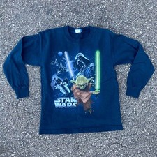 Y2K Star Wars Darth Vader Yoda Light Saber Long Sleeve Navy T-Shirt SMALL