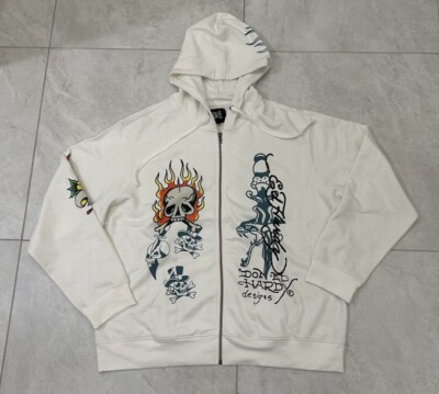 NWT Ed Hardy Flame Skull Men's Zip Up Hoodie Size 2XL Ivory EHM1301-45