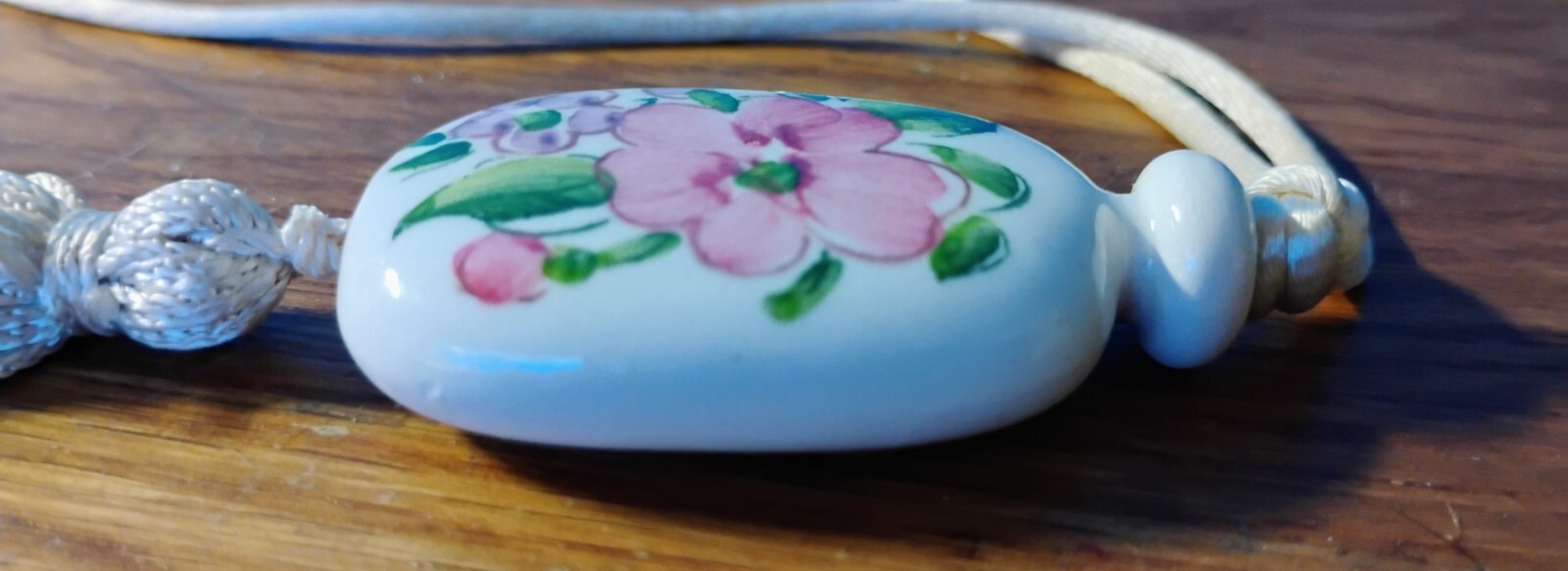 Vintage Floral Porcelain Pendant W/ Tassel Necklace White W/ Pink Flowers