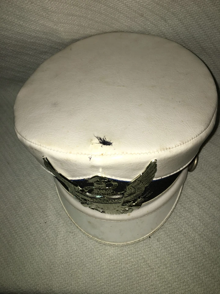 Vintage DeMoulin Marching Band Hat White Navy Trim Silver Badge 8X7" Head Hole - Изображение 2 из 4