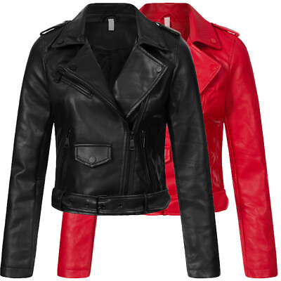 Damen Kunstlederjacke Biker Jacke Übergangsjacke Reverskragen Kunstleder D-438