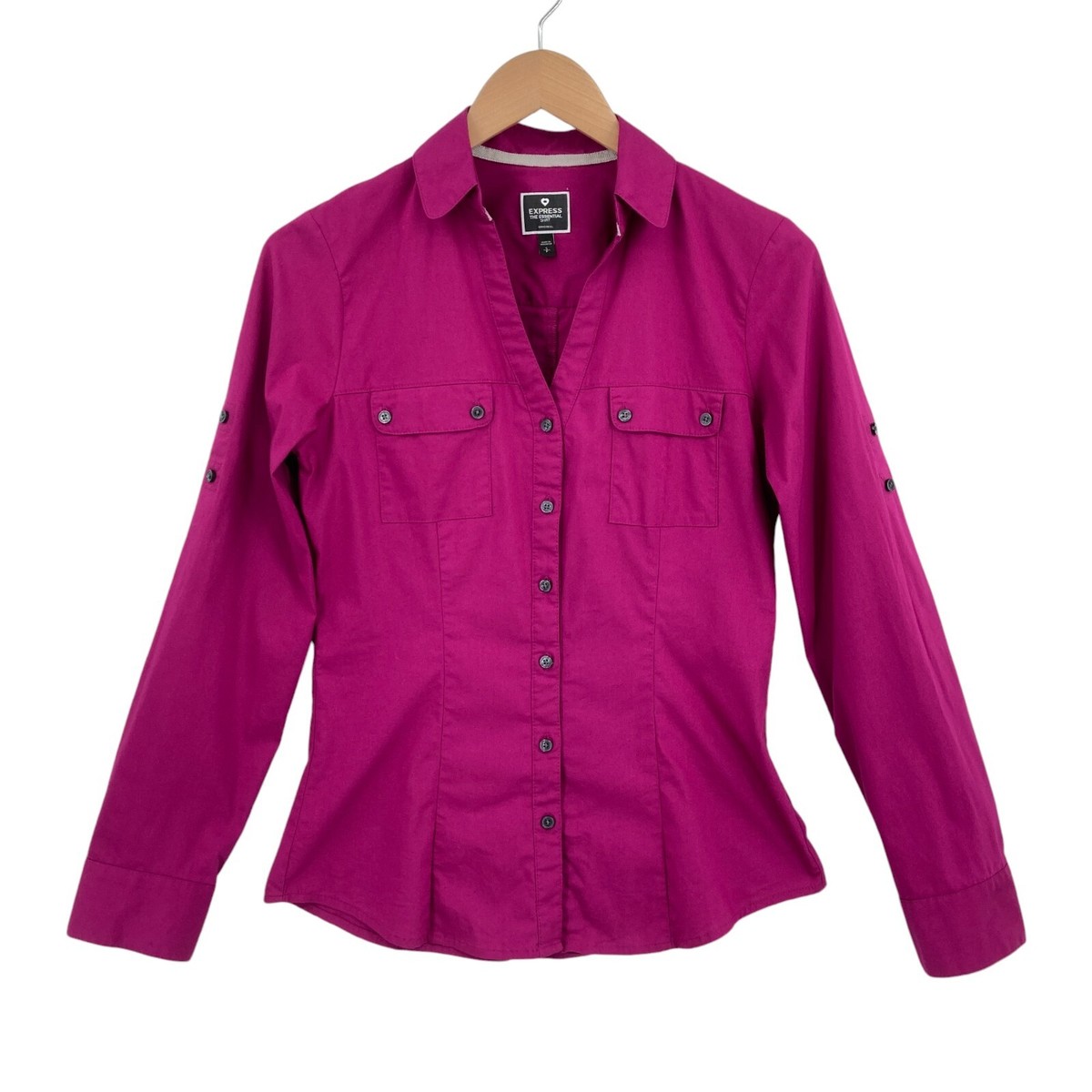 Express Shirt Top Women Small Purple Fuchsia Chest Pockets Essential Button  Down