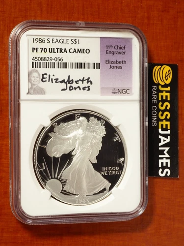 1986 S PROOF SILVER EAGLE NGC PF70 ULTRA CAMEO ELIZABETH JONES HAND SIGNED LABEL
