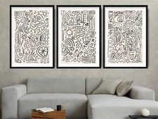 Set of 3 Prints - Abstract Squiggle Lines Black and Beige Doodle pictures