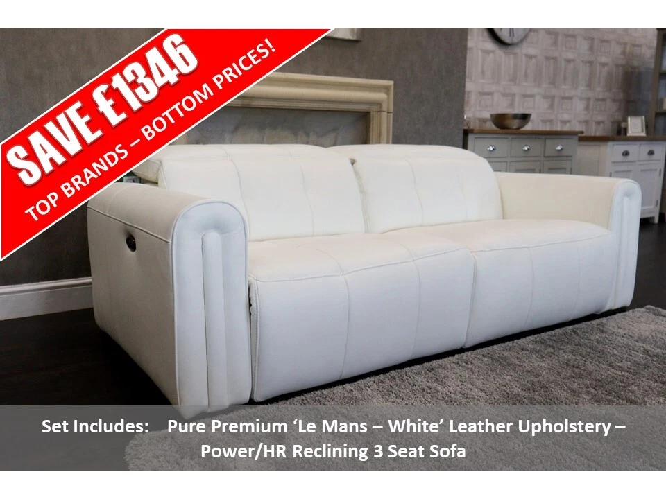 Florence Le Mans White Leather Upholstery Power HR Reclining 3 Seat Sofa