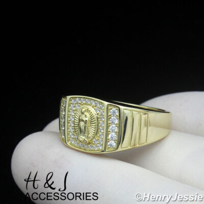 MEN 925 STERLING SILVER ICY BLING CZ GOLD PLATED VIRGIN MARY SQUARE RING*GR219
