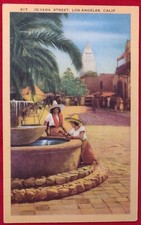 40's LINEN POSTCARD OF OLVERA STREET IN LOS ANGELES CA-Kept Pristine in Album