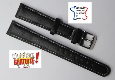 Bracelet montre ; 14mm ; CUIR VERITABLE ; NOIR surpiqué BLANC / 243-2 - Photo 1/2