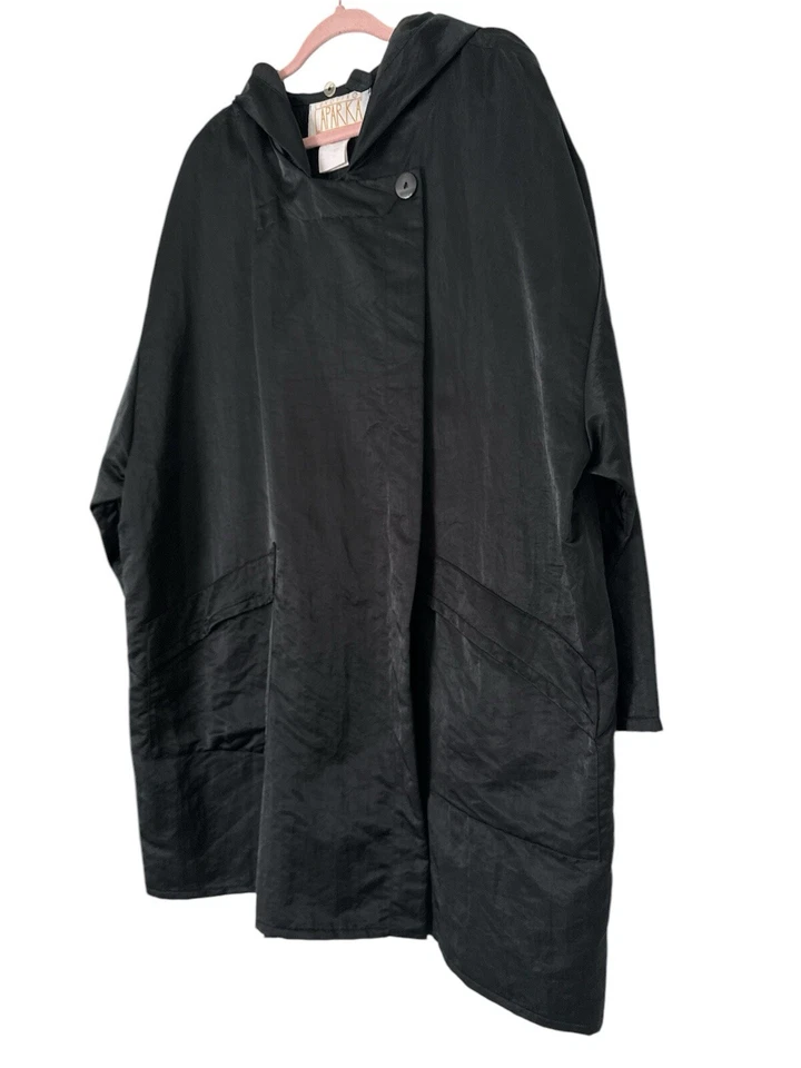 Vintage LINDA LUNDSTROM Women Hooded Long LAPARKA Metallic Black Size Large - Image 3 of 4