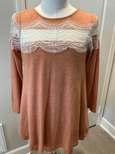 Womens UMGEE USA 3/4 Sleeve Pullover Mini Dress Small Orange Lace Accent