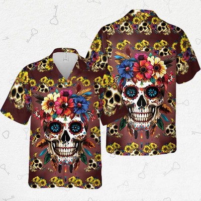 Floral Sugar Skull Hawaiian Shirt Day Dead