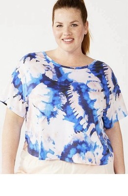 TEK GEAR WOMAN BLOUSE SHORT SLEEVE STRETCH CROSS BACK PINK & BLUE TIE DYE 3X NEW