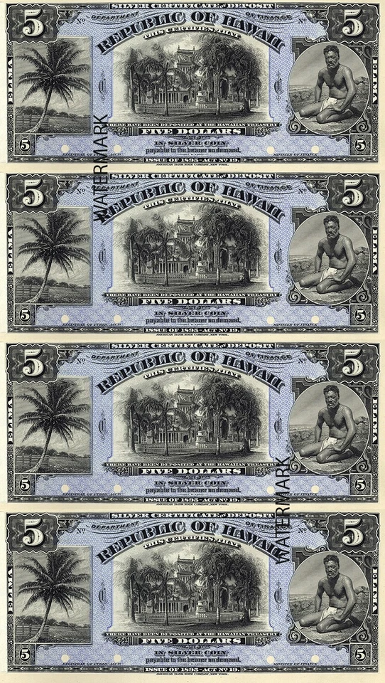 Juego de billetes de plata de las islas hawaianas de Hawái de $5 a $500 hojas completas HI REPRO Foto 2 de 4