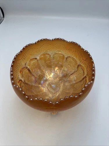 Vintage Fenton Two 2 Flowers Marigold Carnival Glass Spatula Footed Bowl 7 1/4"
