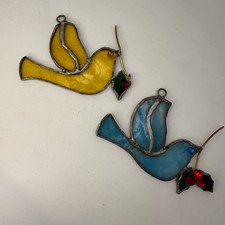 2 Vtg Stained glass bird sun catchers windows glass hangings Christmas Holly