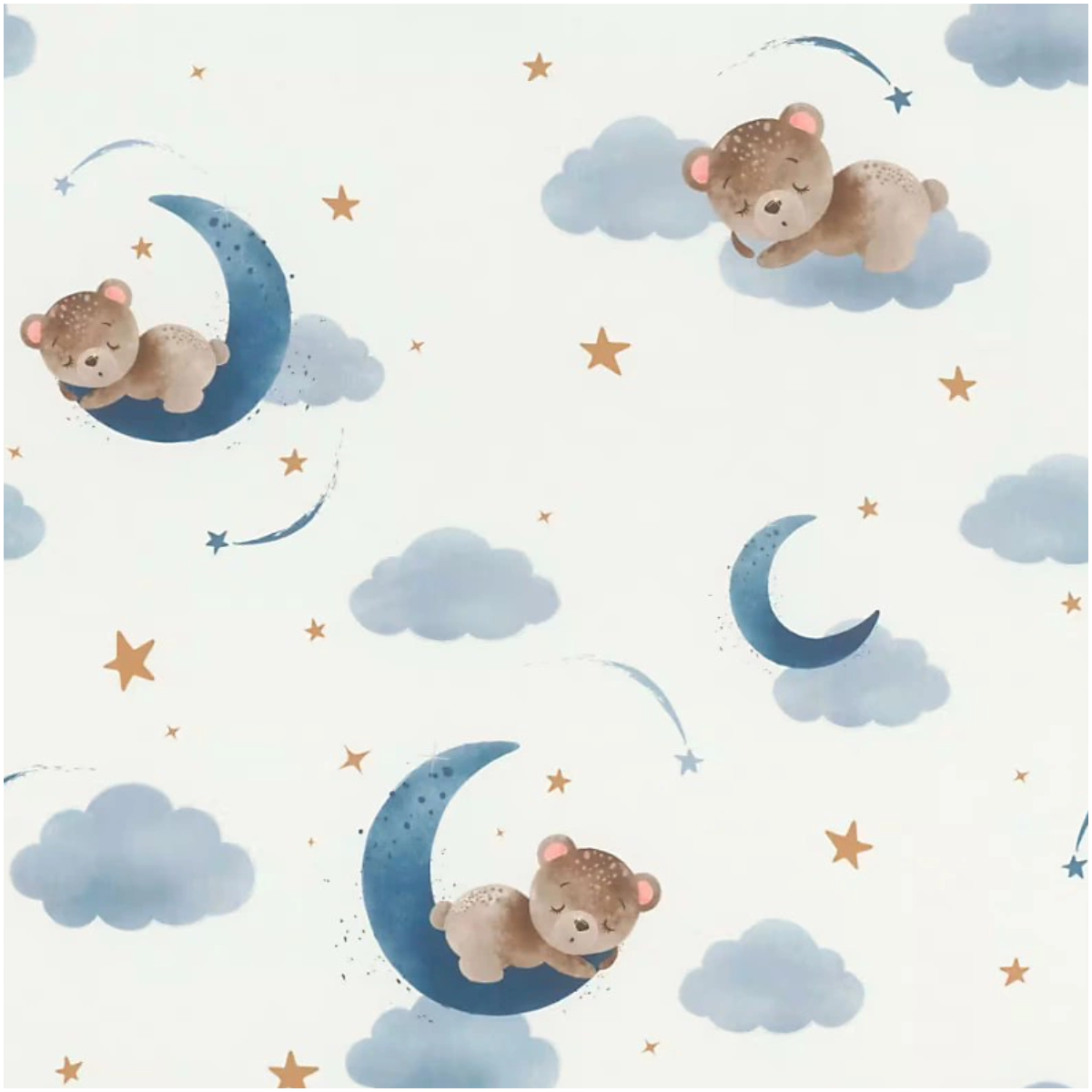 Kids Wallpaper White Blue Sleeping Bears Moon Clouds Nursery Kids Room Wall