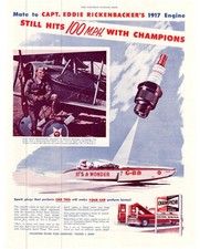 1953 Champion Spark Plugs Eddie Rickenbacker's 1917 Engine Single Print Ad