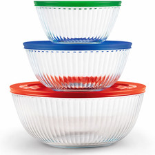 Pyrex Sculpted (3-Pack) Glass Mixing Bowls Set with Plastic Lids for Prepping, B