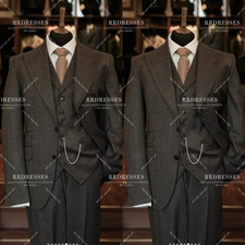 Vintage Men's Herringbone Suit Peak Lapel Handmade Jacket Vest Pants Wool 3Pcs