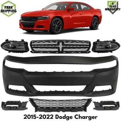 Front Bumper Cover Primed Plastic & Headlights Kit For 2015-2022 Dodge Charger