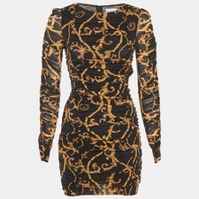 Ganni Black Printed Jersey Ruched Bodycon Mini Dress XS