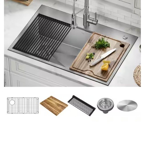 KRAUS LOFTEN PRO 33 in. DROP IN UNDERMOUNT SINGLE BOWL KITCHEN WORKSTATION SINK