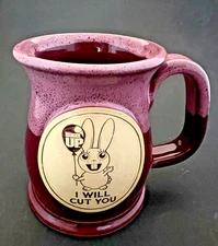 Ranger Up I will Cut You Bunny Mug/Stein Pink Glaze Sunset Hill Stoneware 4.5"