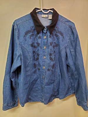 Sun River Clothing Co Denim Shirt Women's Floral Embroidered Western Size XL