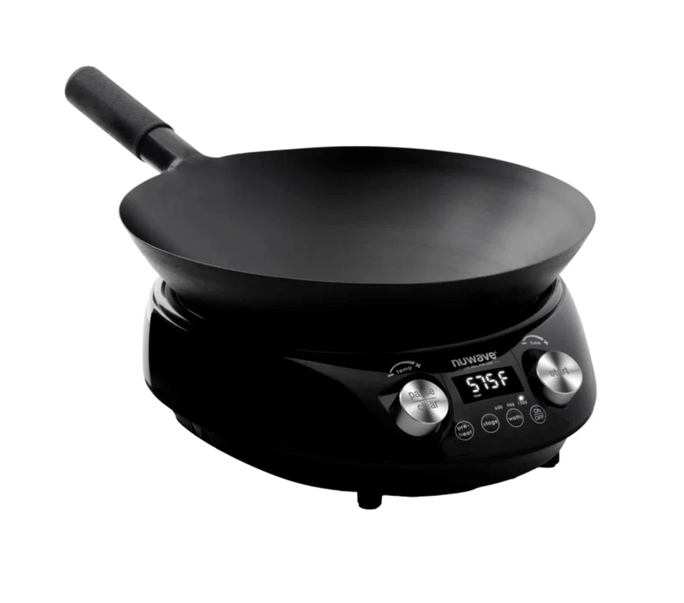 Wok caliente de inducción Nuwave con wok de acero al carbono de 14", tapa de vidrio y soporte Foto 2 de 4