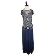 PISARRO NIGHTS NEW 198 Mock 2 Piece Beaded Bodice Evening Dress Navy Size 8