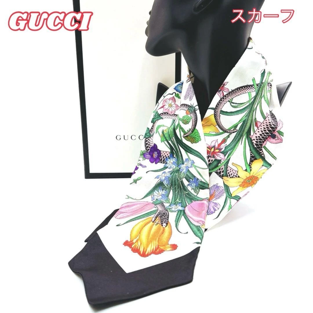 GUCCI Foulard ruban soie imprimé serpent Flora multicolore femme 10x86 cm