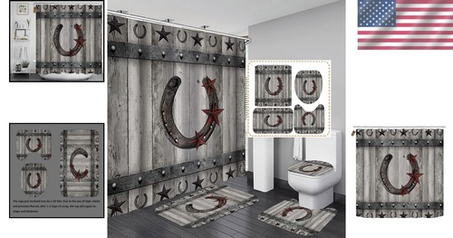 4PCS Western Texas Star Horseshoe Shower Curtain and Rug Set - Rustic Elegance - Picture 2 of 10