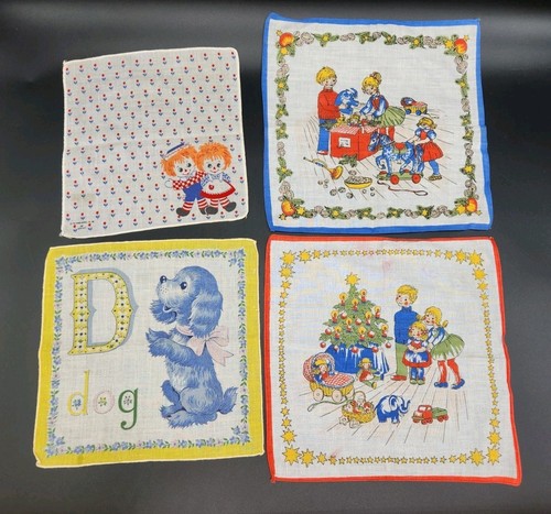 Lot of 4 Children's Handkerchiefs Raggedy Ann, Dog, Kids w/Christmas Tree & Toy