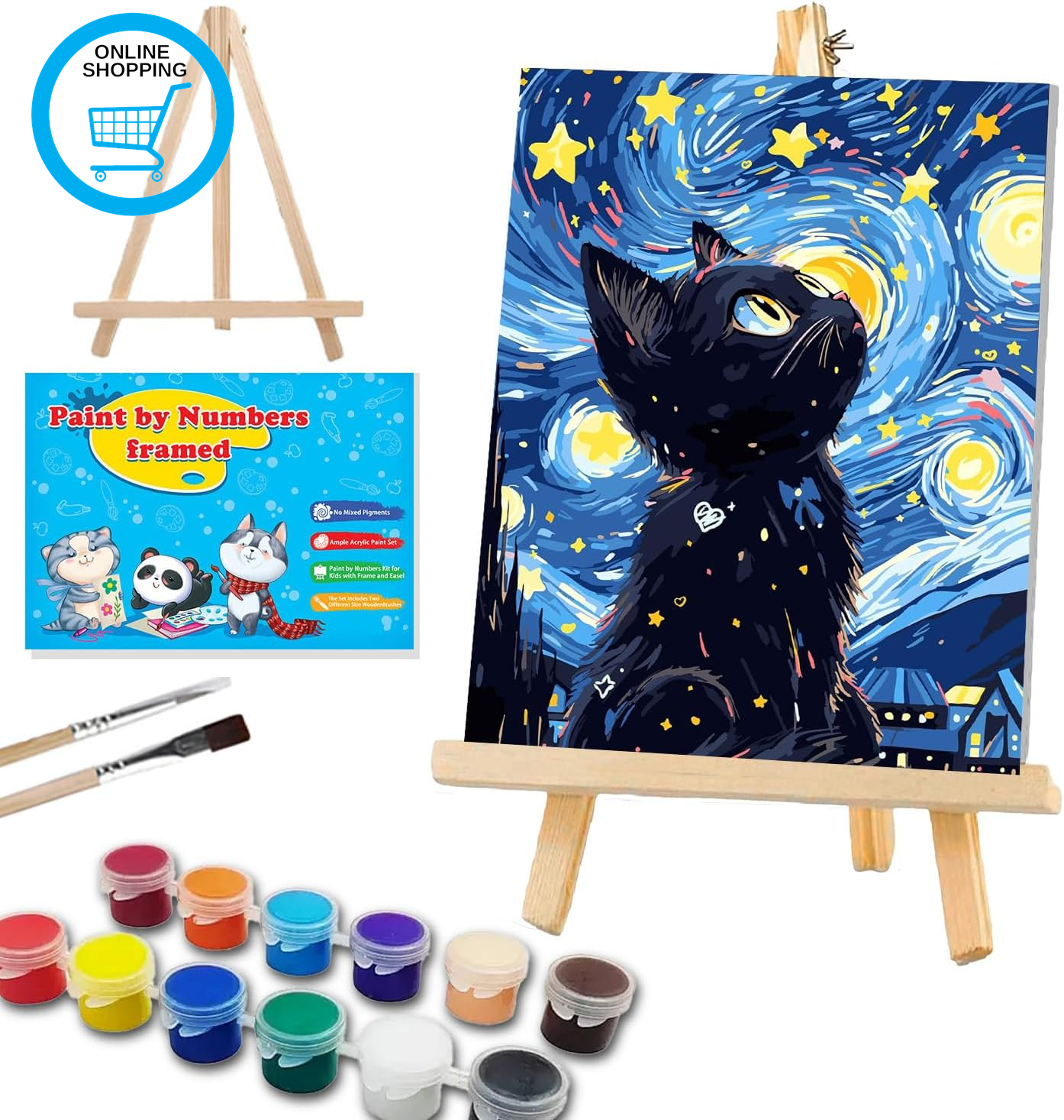 Cat Paint by Numbers Kit for Children with Framed- Easy Paint by Number Crafts f