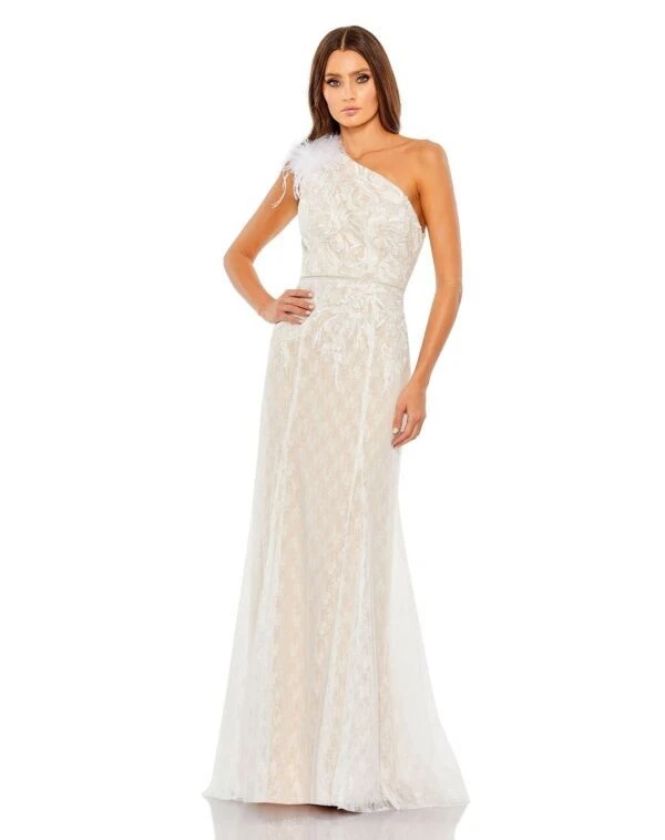 NWT MAC DUGGAL 11317 Ostrich Feather & Lace One Shoulder Gown Size 4 White Ivory - Image 2 of 4