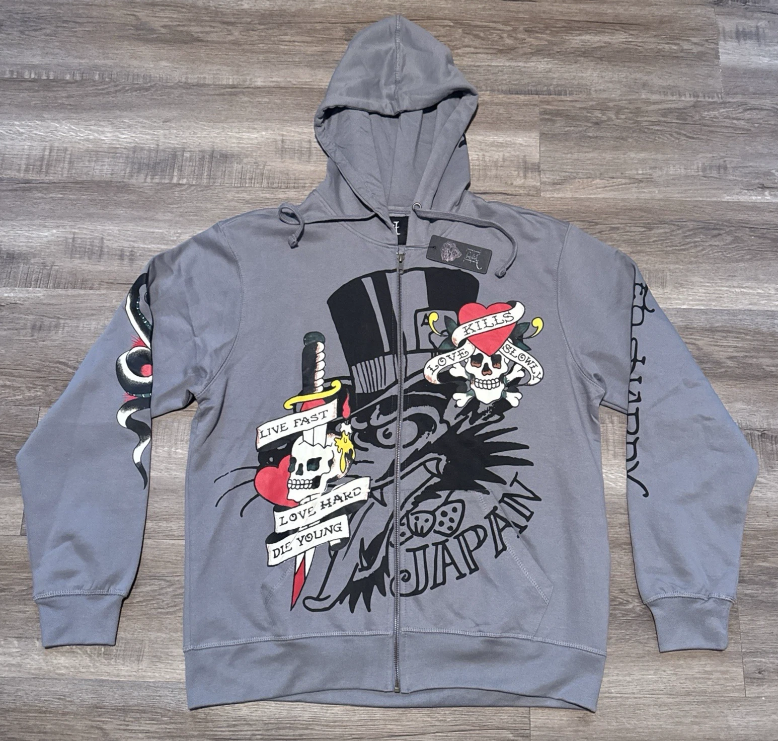 NEW Ed Hardy Men's Small Full Zip Gray LKS Skull Hoodie Japan Love Kills Slowly