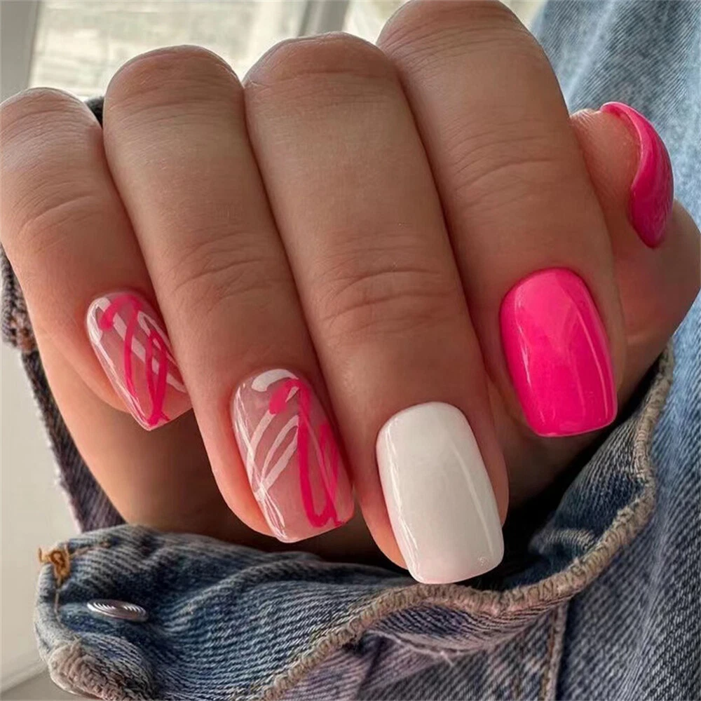 Square Short False Nail White Pink Graffiti Press on Nails for Nail Art 24pcs