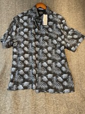 Nat Nast Shirt Mens L Blue tropical 70 Silk 30 Cotton Bowling SS Hawaiian NWT