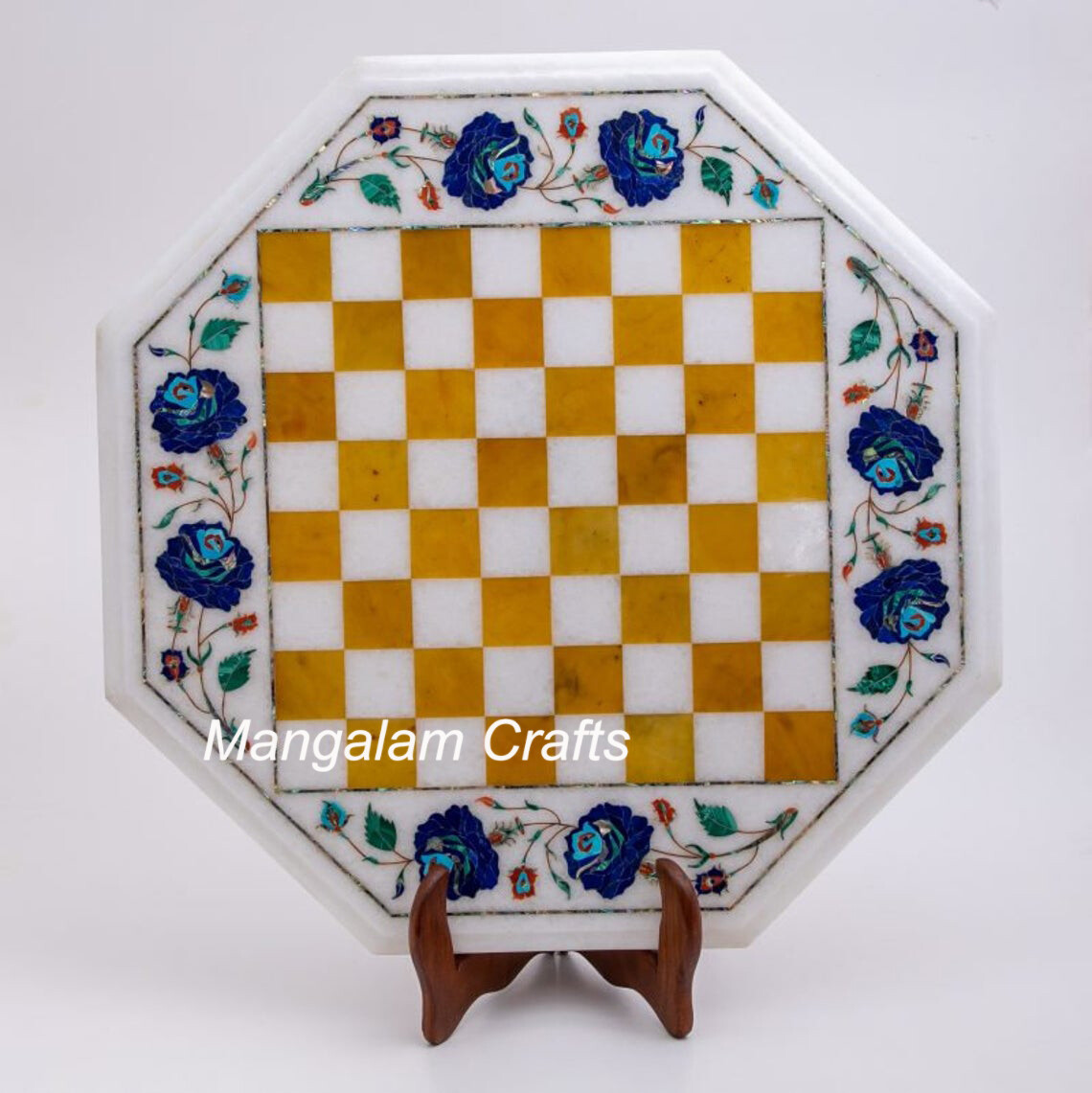 18-inch Marble Chess Table with Handmade Floral Inlay & Semi-Precious Stones